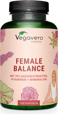 A product shot of a bottle of Vegavero Female Balance Complex supplements, with decorative floral elements and an illustration of a woman in a yoga pose.