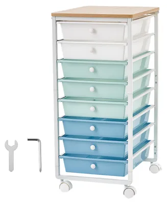 Immagine prodotto di Carrello portauova SucceBuy con 8 cassetti, dimensioni 400x330x715 mm, disponibile nei colori verde, blu e bianco, struttura in metallo, superficie in legno, maniglie, ruote con 2 freni. Carrello portauova mobile per ufficio, officina, aula scolastica