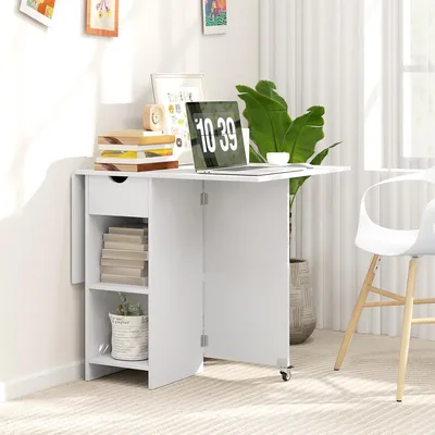 Produktbild von Esstisch mit Stauraum und Rädern Klappbarer Esszimmertisch Küchentisch für 2-4 Personen 114,5 x 70 x 75 cm Weiß