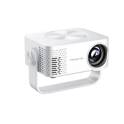 A white mini projector is shown on a white background.