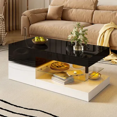 Image de Table basse - Table d'appoint - Table de salon - Table - Noir et blanc - Plateau en verre - Étagère inférieure spacieuse