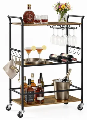 Immagine prodotto di VASAGLE, carrello di servizio, scaffale per vino e portabicchieri, acciaio, 64,5 x 32 x 85,5 cm