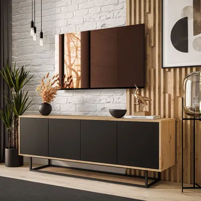 A modern living room setting with a TV stand and mounted television.
