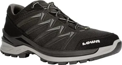 A single black and gray Lowa hiking shoe is shown from the side against a white background.