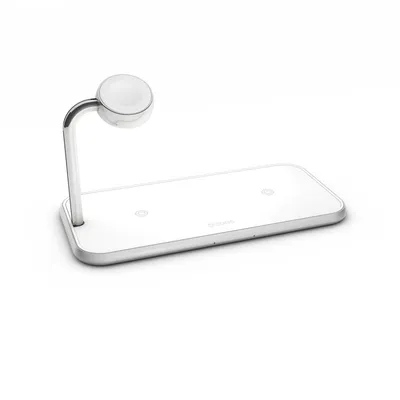 A white and silver 2-in-1 wireless charger for a smartphone and an Apple Watch, shown on a white background.