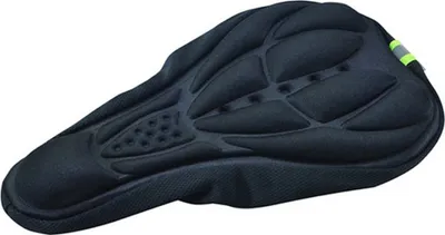 A black bicycle seat cushion is shown against a white background.