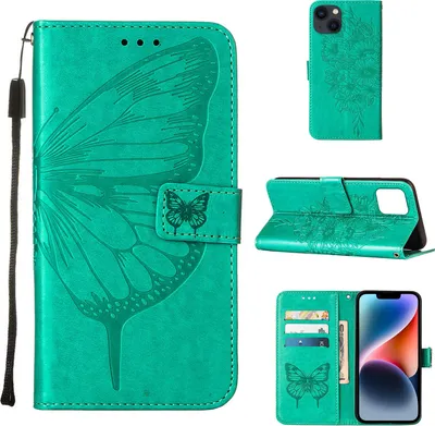 Produktbild von iPhone 15 Hülle, Schmetterling Prägung Flip Leder Kartenfächer Schutzhülle Ledertasche mit Ständer für iPhone 15 Grün