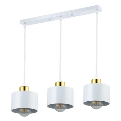 A white and gold pendant light fixture with three lamps.