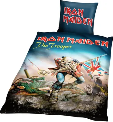 A duvet cover and pillowcase set featuring Iron Maiden's 'The Trooper' album art.