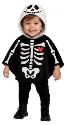 Produktbild von Skelett Kleinkind Kostüm Poncho mit Kapuze – Halloween Kinderkostüm mit Herzmotiv | Gr. 18–24 Monate | Fasching Karneval Halloween Größe: 18 - 24 Monate