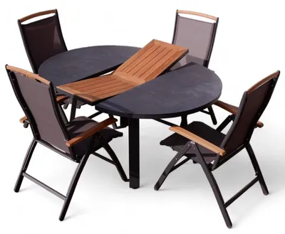 Produktbild von ALEOS. Gartengarnitur Gartenset Aluminium TEAK Set mit rundem Ausziehtisch 120cm auf 160cm ausziehbar + 4 Hochlehner anthrazit Trinidad
