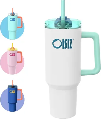 Immagine prodotto di Tazza termica isolata, capacità 1200 ml, in acciaio inossidabile, con manico e cannuccia, ideale per l'uso in viaggio