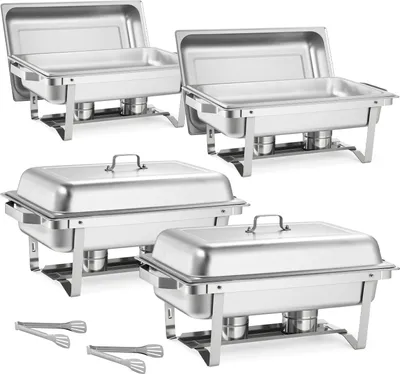 Produktbild von SucceBuy Rechteckiges Chafing Dish Set 8,5 L Speisenwärmer (4 Stück) Buffet Warmhaltebehälter mit Griff, 21 Lebensmittelzangen, Deckel und Brennstoffhalter, ideal für Bankette, Partys und Hochzeiten in Silber