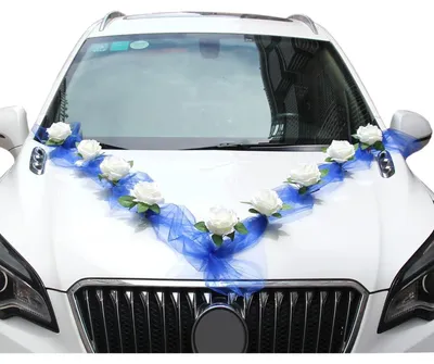 Zdjęcie produktu dla Zestaw dekoracyjny do samochodu ślubnego "Autoschmuck", girlanda z niebieskiej tiulu i białych róż, 9 sztuk, 2 x 1,6 m tiulu