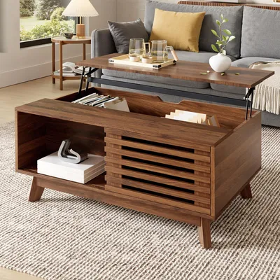 Image de Table basse Merax réglable en hauteur avec porte à volet coulissant, table de salon en MDF, table basse multifonctionnelle avec espace de rangement, noyer
