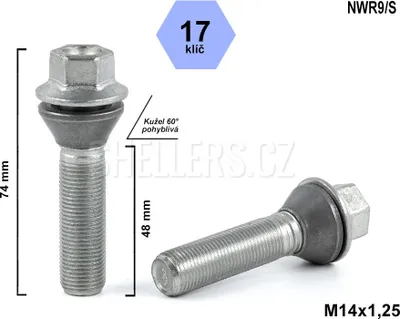 Obrázok produktu pre Skrutka kolesa M14x1,25x48 s pohyblivým kužeľom, kľúč 17, C17F48-MW, výška 74 mm