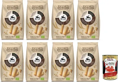 Produktbild von 8x Alce Nero Tocchetti Breadsticks,Bio-Backprodukt mit -Khorasan-Weizen und extra natives Olivenöl,Packung mit 150g + Italian Gourmet Polpa di Pomodoro 400g Dose