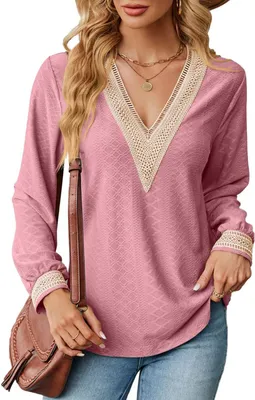 Image de ASKSA Femme Col V Manches Longues T-shirt Elégant Blouse Epissure Dentelle Casual Manches Longues Tunique Tops, Rose, M