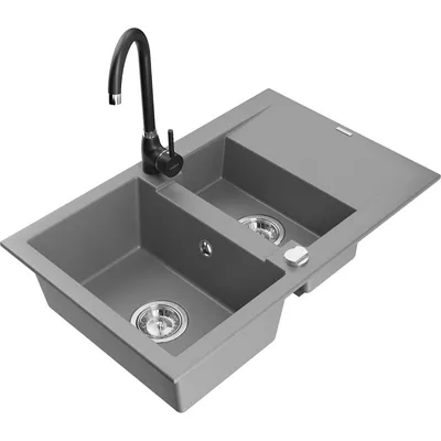 Obrázek produktu pro Mexen Gaspar 1,5-miskový granitový dřez s odkapávačem a kuchyňskou baterií Telma, Šedá - 6507-71-670200-70