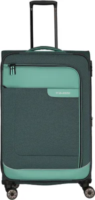 A teal and dark green Travelite trolley bag with a retractable handle and wheels.