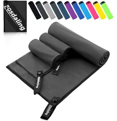 Immagine prodotto di Set di 3 asciugamani in microfibra, color grigio scuro | 1 asciugamano da 160x80 cm, 2 asciugamani da 80x40 cm | Asciugatura rapida, antibatterico, compatto con sacchetto a rete