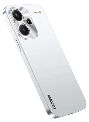 A silver smartphone case with a matte metal finish and a camera cutout is shown from a diagonal angle against a white background.