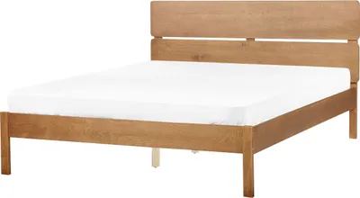 Produktbild von BELIANI Bett Dunkelbraun Gummibaumholz mit Lattenrost 160 x 200 cm Hohes Kopfteil Lamellenoptik Rustikaler Stil Schlafzimmer Ausstattung Doppelbett
