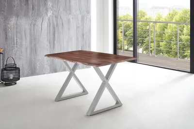 Produktbild von Esstisch Baumkante massiv Akazie nussbaum 140 x 80 X-Gestell silber LUBIN
