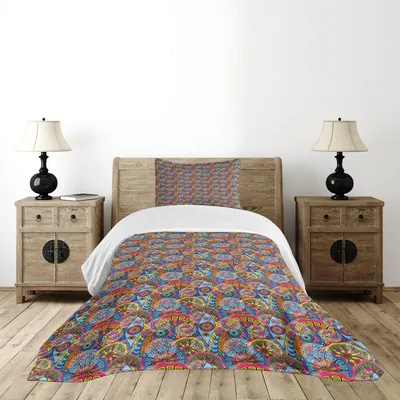 Produktbild von ABAKUHAUS Mandala Tagesdecke Set, Bunt Abstrakt Sechzig Inspirierte Ethnisches Muster Blumen Design Streifen Linien, 170 x 220 cm, Mehrfarbig