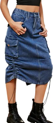 Produktbild von ASKSA Damen Y2K Cargo Roecke Jeans Bleistiftrock High Waist Elegant Kordelzug Midi Rock mit Taschen, Denim, XL