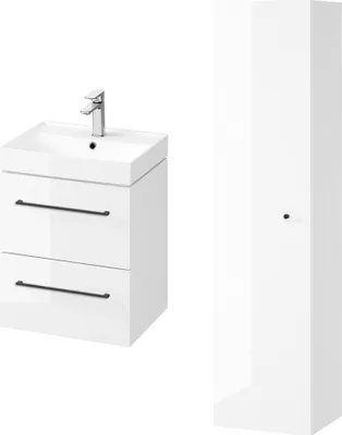 Produktbild von BADLAND Badmöbel Set LARGA 50 Waschbecken-Unterschrank, Hochschrank 160, Türen mit Spiegel, Weiß, Schwarz Möbelgriffe