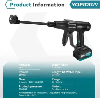 Image de Nettoyeur haute pression 18 V 6 en 1 - Pistolet haute pression - Nettoyeur - Tuyau d'arrosage - Nettoyeur de voiture - 18 V inclus - 200 bars max. - 3 supports - Tuyau d'eau de 5 m inclus