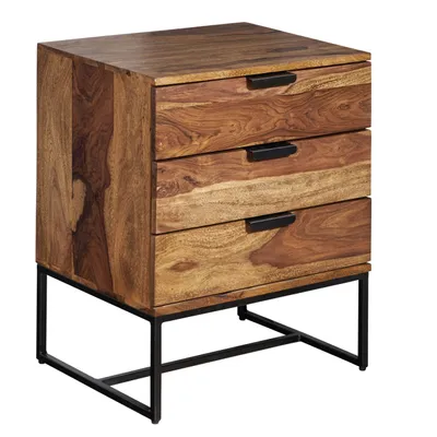 Produktbild von Nachttisch Sheesham Massivholz / Metall 50x40x65 cm Nachtschrank Boxspringbett, Design Nachtkonsole mit 3 Schubladen, Nachtkommode Industrial mit Stauraum