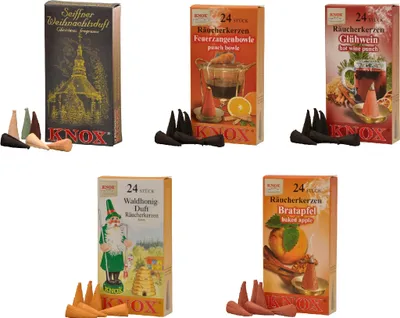 Produktbild von KNOX 5er Set Räucherkerzen Seiffner Weihnachtsmischung/Glühwein/Feuerzangenbowle/Waldhonig/Bratapfel - Inhalt jeweils 24 Stück, Größe M (Standard)
