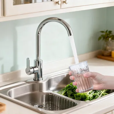 A hand is filling a glass with water from a kitchen faucet over a sink filled with greens.