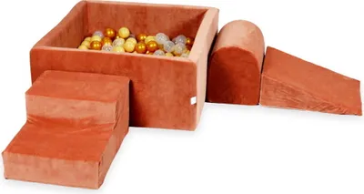 Produktbild von Schaumstoff-Spielset mit quadratischem Bällebad – Schaumstoff-Spielset mit quadratischem Pool 90x90x40 samtweicher Canyon-Ton mit Bällebad-Bällen 400 Stück / Beige, Gold, Transparent