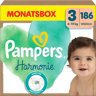 Image de Pampers Harmonie taille 3, 186 couches, 6kg-10kg, protection douce pour la peau avec 100 % de protection Pampers