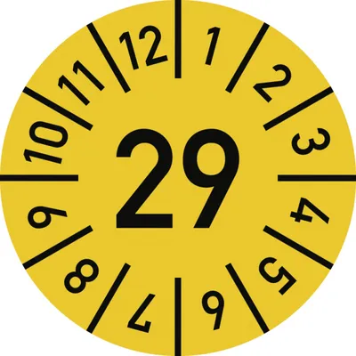 Produktbild von Dreifke® Prüfplakette Jahr 29 mit Monaten, gelb, Dokumentenfolie, Ø 30 mm, 10...