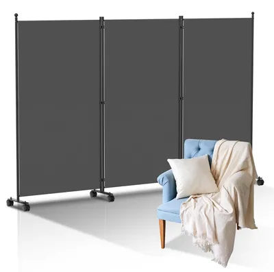 Obrázek produktu pro Paravan, rozdělovač prostoru, 3 díly na kolečkách, šedá barva, rozměry 263x181 cm, clona, přepážka, skládací