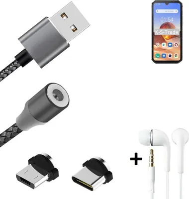 Produktbild von K-S-Trade® Hochwertiges Magnet-Lade-kabel Sync-Kabel Daten-Kabel + Kopfhörer kompatibel mit Blackview BV9900E mit USB-Typ-C-Anschluss und