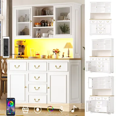 Produktbild von Weißer Hochschrank mit USB, Steckdosen, LED-Lichtleiste, Snackregaltüren, Anrichte & Mülleimermontage möglich