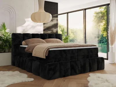 Produktbild von MKS MEBLE Boxspringbett 200 x 200 mit bettkasten NIRA KING, Polsterbett 7 Zonen Multipocket-Matratze und Topper, Doppelbett - Schwarz Plüsch - H4