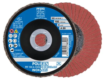 Produktbild von PFERD 67658100, Fächerscheibe, 10 cm, Jede Marke, Eingedrückte Mitte, 1,6 cm, 15300 RPM