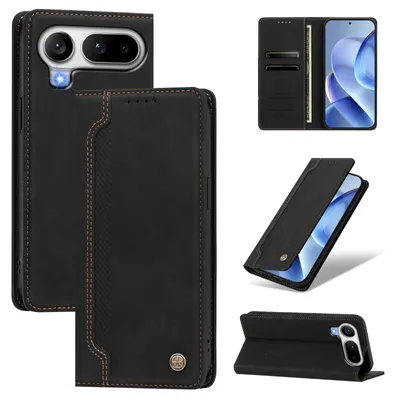 Image de Étui pour Honor Magic8 Pro Air, en cuir synthétique PU, type portefeuille rabattable avec compartiments pour cartes et support intégré, couleur noire