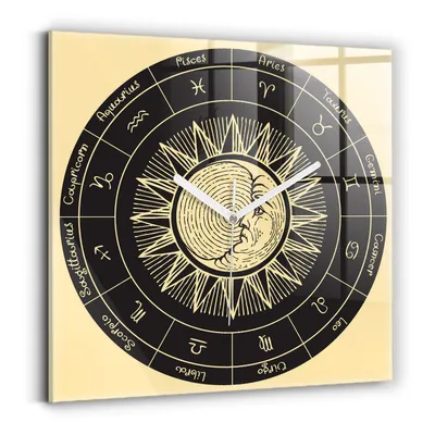 Produktbild von Wallfluent Wanduhr – Stilles Quarzuhrwerk - Uhr Dekoration Wohnzimmer Schlafzimmer Küche - weiße Zeiger - 30x30 cm - Tierkreiszeichen und Sonne