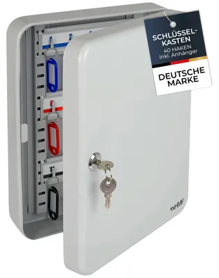 Produktbild von HMF Schlüsselkasten groß aus Stahl, abschließbarer Schlüsselschrank für Flur, Arbeitszimmer oder Garage, 40 Schlüsselhaken, 30 x 24 x 7,5 cm, Lichtgrau