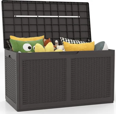 Produktbild von GOPLUS 380 L Gartenbox, Auflagenbox wasserdicht mit Rollen, Deckel, Kissenbox Outdoor aus Rattanstruktur, Gartentruhe für Balkon, Gartengeräte (Braun)