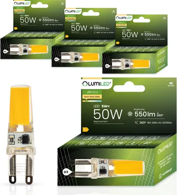 A product shot featuring multiple packages of LED bulbs and one individual LED bulb.