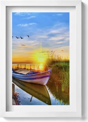 Produktbild von Blick auf den See und Sonnenuntergang– Wandbild mit Rahmen – Gerahmtes Bild  – Wanddekoration – 20x30 cm – Weiß