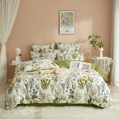 Obrázek produktu pro Sada povlečení na postel 200x220 cm, 3dílná, bavlna, bílá, zelená, květinový vzor, obsahuje 2 povlaky na polštáře 80x80 cm,  OEKO-TEX